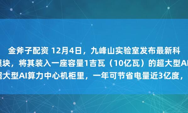 金斧子配资 12月4日，九峰山实验室发布最新科研成果——氮化镓电源模块，将其装入一座容量1吉瓦（10亿瓦）的超大型AI算力中心机柜里，一年可节省电量近3亿度，约合电费2.4亿元。
